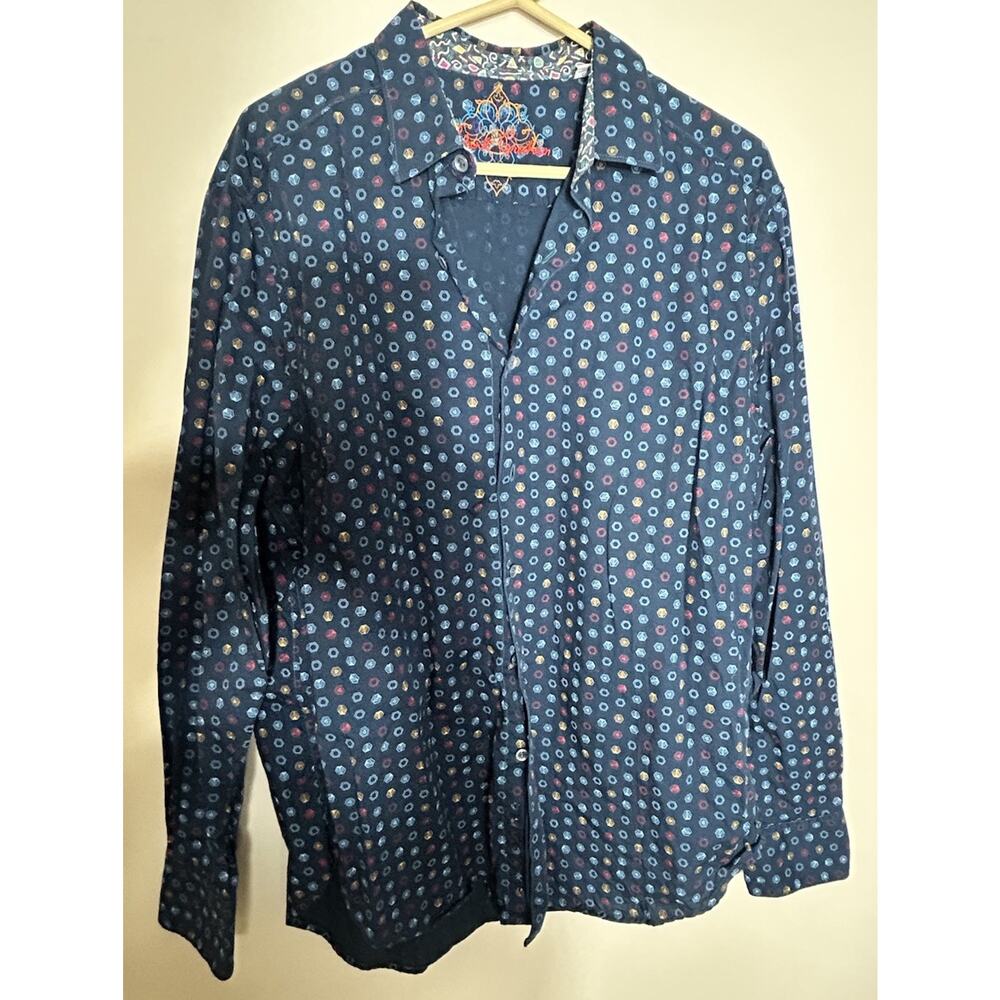Robert Graham Knowledge Wisdom Truth Button Up Flip Cuff Blue Hexagon Shirt L